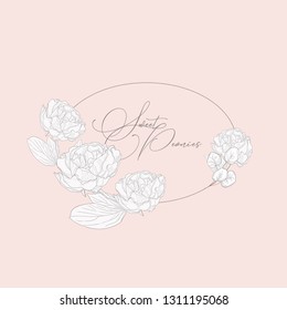 Hand Drawn Floristic Feminine Brand Logo Template, Frame with Delicate Peony Flowers, Branches, Plants. Decorative Outlined Vector Illustration. Floral Design Element.