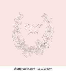 Hand Drawn Floristic Feminine Brand Logo Template, Frame with Delicate Rose Flowers, Branches, Plants. Decorative Outlined Vector Illustration. Floral Design Element.