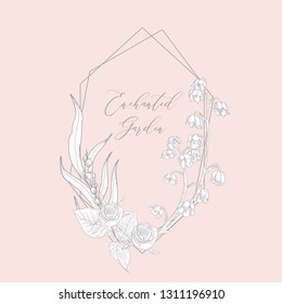 Hand Drawn Floristic Feminine Brand Logo Template, Geometric Frame with Delicate Lily of the Valley Flowers, Branches, Plants. Decorative Outlined Vector Illustration. Floral Design Element.