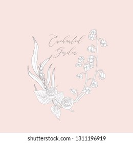 Hand Drawn Floristic Feminine Brand Logo Template, Frame with Delicate Lily of the Valley Flowers, Branches, Plants. Decorative Outlined Vector Illustration. Floral Design Element.