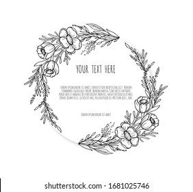 Hand Drawn Floristic Frame Border with Flowers, Branches, Plants. Decorative Outlined Vector Illustration. Floral Design Element.