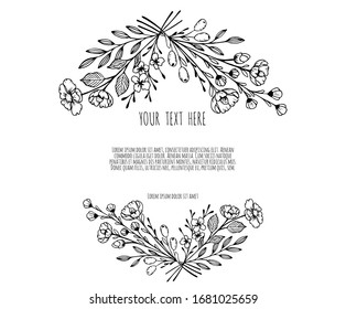 Hand Drawn Floristic Template, Frame with Delicate Flowers, Branches, Plants.