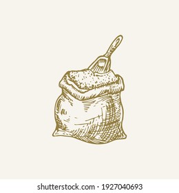 Hand Drawn Flour Sack with a Scoop Sketch Illustration. Grain Bag Doodle. Isolated.