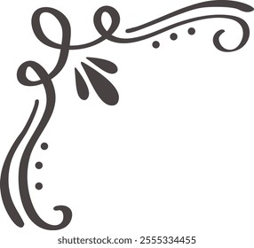 Hand drawn flourish creating an elegant corner design, featuring swirling lines, dots, and leaf like shapes, suitable for adding a touch of sophistication to various projects