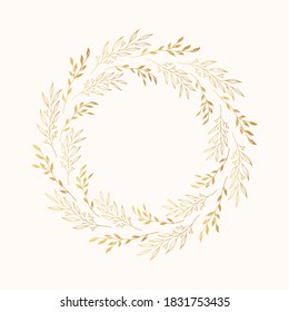 Hand drawn flourish golden wreath with floral branch and herbs. Rustic wedding border for invitation card. Vector isolated gold botanical frame.