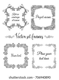 Hand drawn flourish square frames collection with beautiful flowers and branches in vintage style isolated vector illustration
