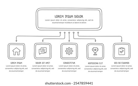 Dibujado a mano diagrama de flujo o Plantilla de diagrama con cinco Elementos, doodle infografías, Vector eps10 ilustración