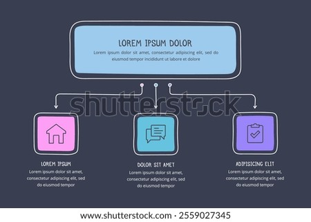 Hand drawn flow chart template with three elements, doodle infographics, dark background, vector eps10 illustration