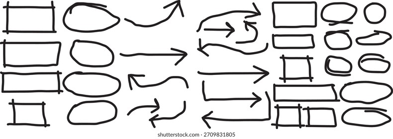 Hand drawn flowchart shapes and arrows on white background