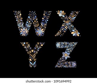 hand drawn flower alphabet, flower decorative typography, decorative font, trend lettering W,X,Y,Z in blue color