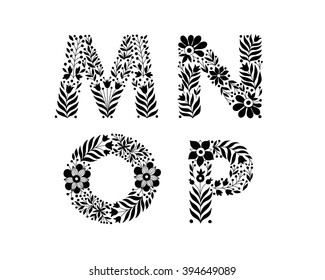 hand drawn flower alphabet, flower decorative typography, decorative font, trend lettering M,N,O,P