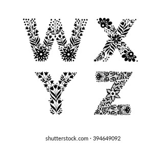 hand drawn flower alphabet, flower decorative typography, decorative font, trend lettering W,X,Y,Z