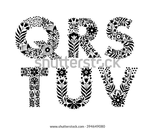 手書きの花のアルファベット 花の飾り文字 装飾フォント トレンド文字q R S T U V のベクター画像素材 ロイヤリティフリー