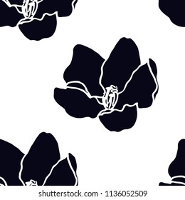 Hand drawn flower of apple tree. Floral background. Hand drawn vector botanical illustration. Engraved style illustration. Black silhouettes on white background. Seamless pattern.