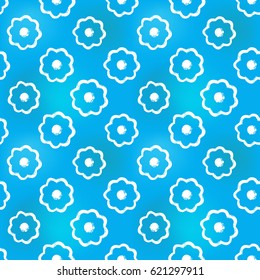 Hand drawn flower in arabic seamless pattern background. Traditional white oriental signs and symbols on soft blue backdrop. Greeting card background for muslim cards, banners.