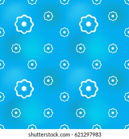 Hand drawn flower in arabic seamless pattern background. Traditional white oriental signs and symbols on soft blue backdrop. Greeting card background for muslim cards, banners.
