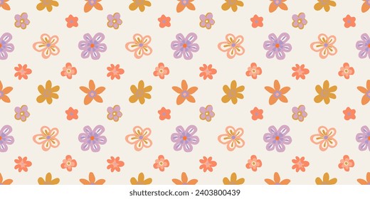 Hand drawn flower art seamless pattern illustration. Cute nature floral background in vintage art style. Spring season painting print.