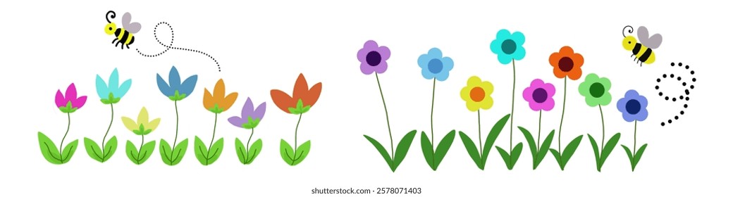 Hand drawn flower with bee icon vector featuring colorful blossoms and a cute flying bee. Perfect for nature, spring, pollination, garden, eco friendly, and decorative design projects