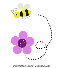 Hand drawn flower with bee icon vector featuring colorful blossoms and a cute flying bee. Perfect for nature, spring, pollination, garden, eco friendly, and decorative design projects