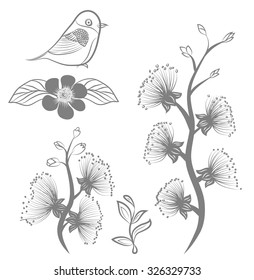hand drawn flower and bird one white background