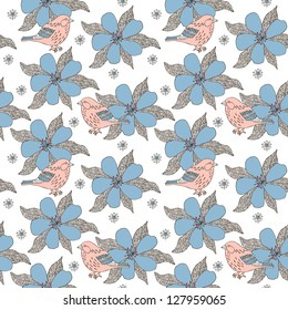 hand drawn flower and bird seamless background