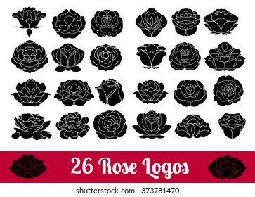 Hand drawn flower black silhouette and flat icon vector set, rose collection isolated on white background, rose logo, sign, symbol outline collection. Rose flowers huge design thin line modern icons 