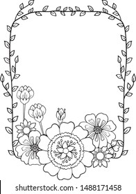 Hand drawn flower black and white pattern. Doodle frame with place for text, greeting card, coloring book or background decorative. Relaxation for adults and kids. Vector Illustration. 