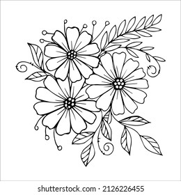 Hand drawn flower bouquet arrangement in black and white color doodle or sketch style. Postcard, invitation, greeting card, coloring book page.