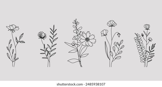 Hand drawn flower bouquet line element vector. Collection of foliage, leaves branch, wildflower, poppy, sunflower, eucalyptus. Spring blossom illustration design for logo, wedding, tattoo, decor.