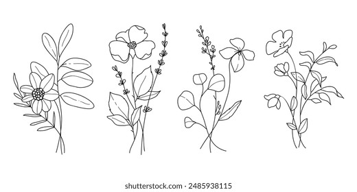 Handgezeichnete Blumenstrauß Linie Element Vektorgrafik. Kollektion von Laub, Blätterzweig, Wildblume, Mohn, Sonnenblume, Eukalyptus. Frühlingsblüte Illustration Design für Logo, Hochzeit, Tattoo, Dekor.