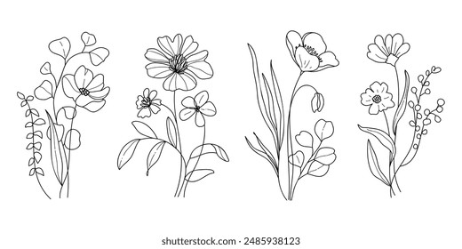 Hand drawn flower bouquet line element vector. Collection of foliage, leaves branch, wildflower, poppy, sunflower, eucalyptus. Spring blossom illustration design for logo, wedding, tattoo, decor.