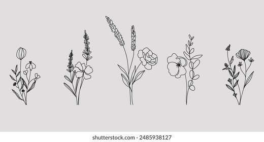 Hand drawn flower bouquet line element vector. Collection of foliage, leaves branch, wildflower, daisy, sunflower, eucalyptus. Spring blossom illustration design for logo, wedding, tattoo, decor.