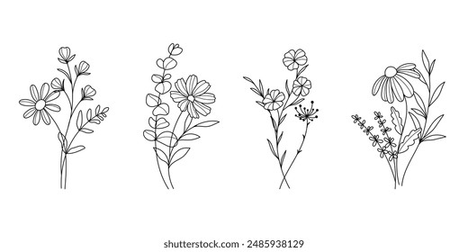 Hand drawn flower bouquet line element vector. Collection of foliage, leaves branch, wildflower, daisy, sunflower, eucalyptus. Spring blossom illustration design for logo, wedding, tattoo, decor.