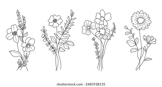 Vector de elemento de línea de ramo de flores dibujado a mano. Colección de follaje, rama de hojas, flor silvestre, amapola, girasol, eucalipto. Diseño de la ilustración de la flor de la primavera para el logotipo, boda, tatuaje, decoración.