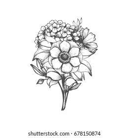 Hand drawn flower bouquet in sketch style. Vector plants