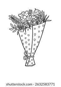 Hand drawn flower bouquet vector illustration. Flower arrangement in a wrapper with clip art. Minimalist illustration. Bouquet of flowers in doodle style