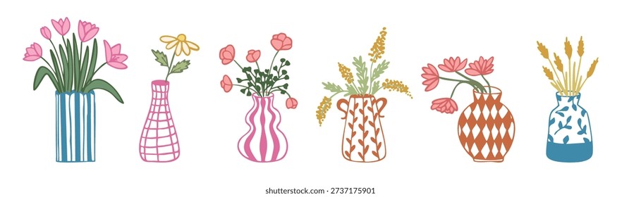 Hand drawn flower bouquets in decorative vases vector set isolated on white background, Scandinavian home decor illustration collection