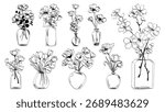 Hand drawn flower bouquets in glass vases isolated on white background. Vector illustration of floral composition sketches, elegant bunches of tulips and roses for home interior or textile design