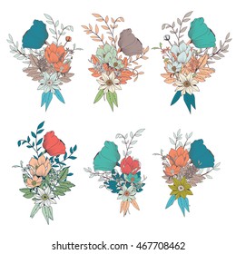 Hand drawn flower bouquets, for wedding invitations and birthday cards, vector illustration