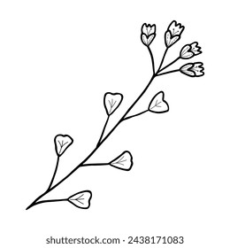 Flor dibujada a mano y garabato de ramas. Esbozo de ilustración vectorial en blanco y negro. EPS10