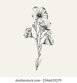 Hand drawn flower and branches. Vector illustration. Black and white. Flower vintage sketch.
