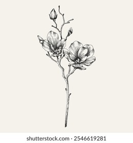 Hand drawn flower and branches. Vector illustration. Black and white. Flower vintage sketch.
