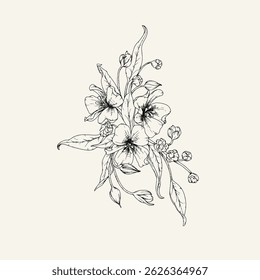 Flor y ramas dibujadas a mano. Ilustración vectorial. Blanco y negro. Boceto vintage de flores.