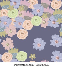 Hand drawn flower burgeons. Colored vector seamless pattern. Navy background