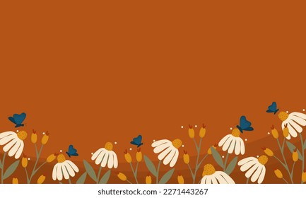 Hand drawn flower and butterfly background with copy spaces. Brown background