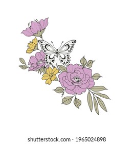 hand drawn flower and butterfly composition