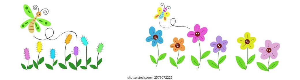 Hand drawn flower with butterfly icon vector featuring colorful blossoms and a cute flying bee. Perfect for nature, spring, pollination, garden, eco friendly, and decorative design projects