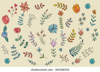 Hand drawn Flower card, lettering text.Summer pattern. Vector floral set. Graphic collection with leaves and flowers, drawing elements. Spring or summer design for invitation, wedding or greeting card