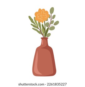 hand drawn flower in ceramic vase isolated on white. A bouquet in a pot