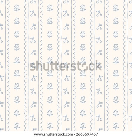 Hand drawn flower and cherry regency striped seamless pattern with a charming whimsical cottage core design. Soft blue pastel and nostalgic print. Perfect for textiles and vintage-inspired decor.
